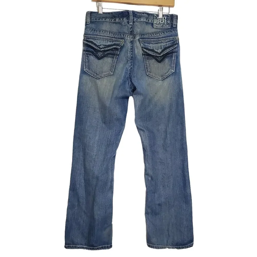 Request Jeans | Distressed Worked-In Flap Back Pocket Relaxed Straight Leg Jeans